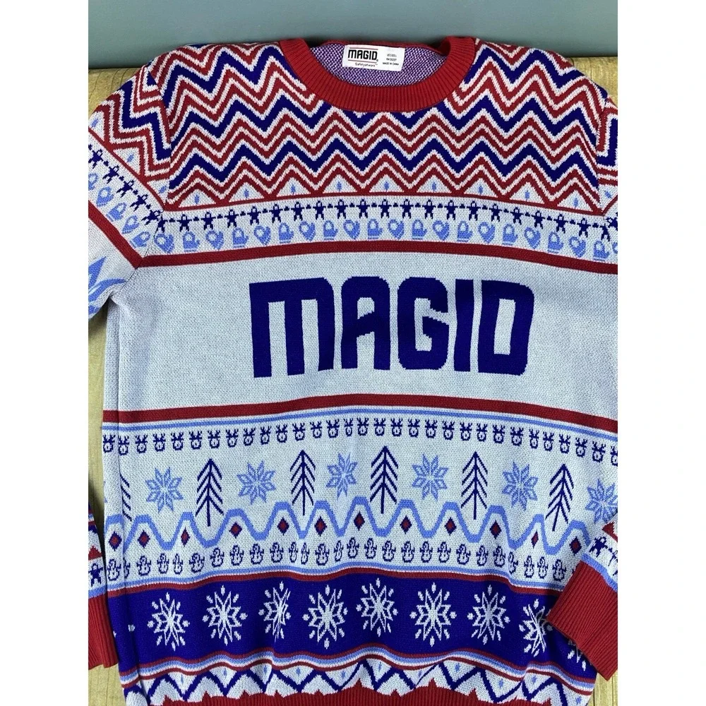 Magid Safety Ugly Christmas Sweater Unisex Size Large Holiday‎ Sweater Red Blue